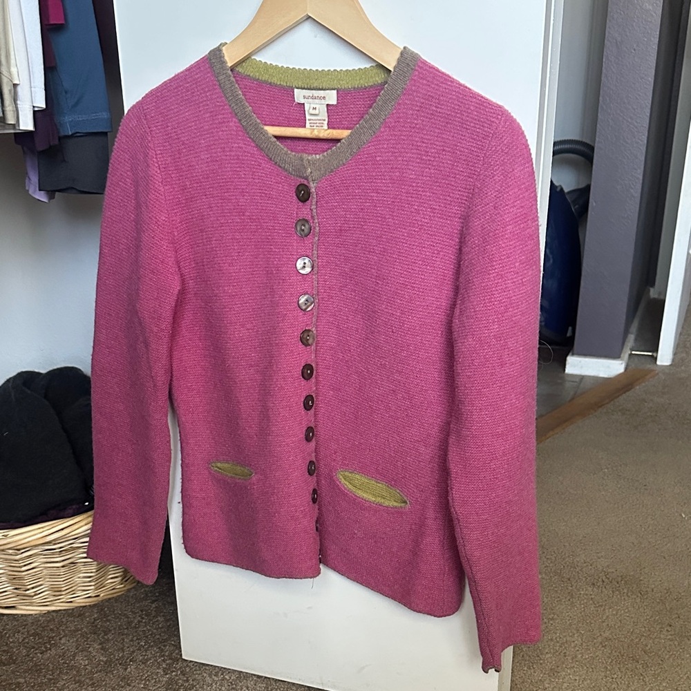 Sundance Women's Pink Cardigan with Green Trim